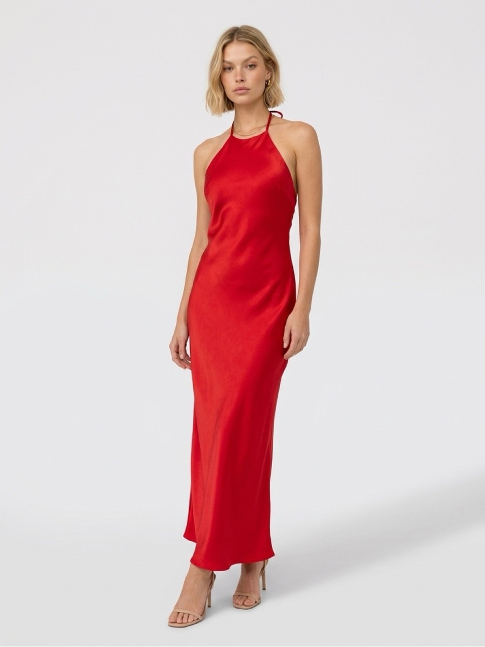 Red Halter Slip Dress - Women's Evening Maxi